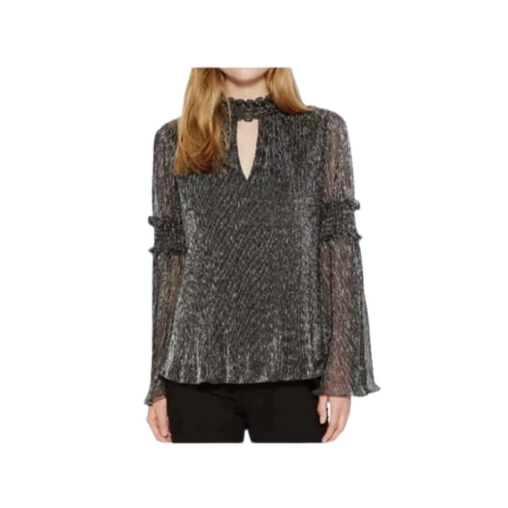 Parker Black Justina Silver Metallic Pleated Blouse Smocked Bell Sleeve M
